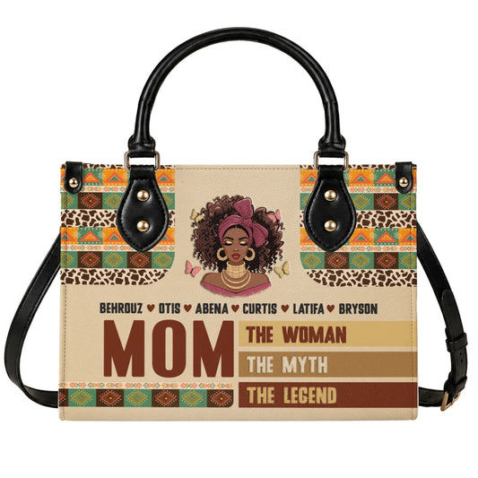 Custom mom handbag featuring black woman illustration with ethnic pattern and personalized names for Mother’s Day.