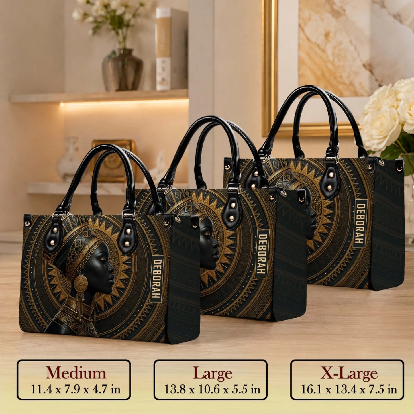 Set of three personalized African queen tote bags shown in medium large and extra large sizes with custom names.