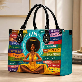 Trendy PU leather fashion bag featuring an artistic Black woman meditation illustration and custom name detail.