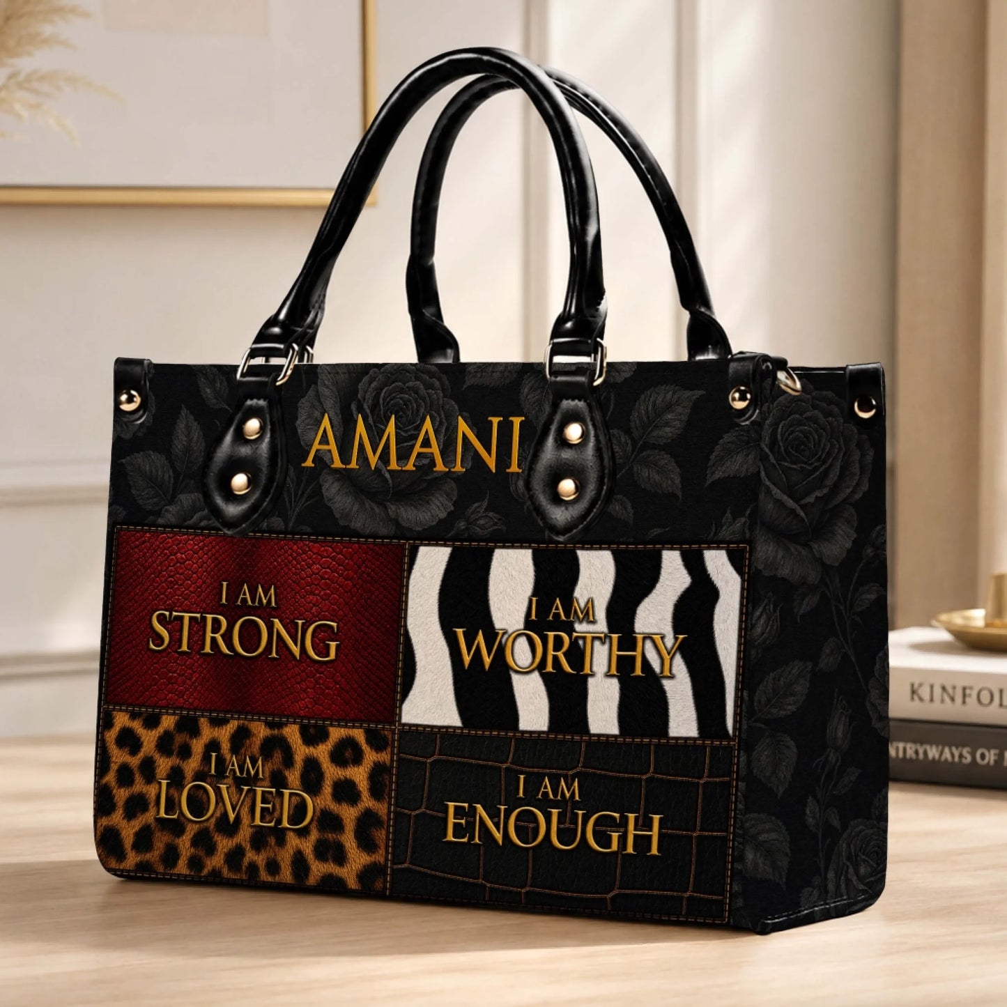 Stylish personalized Amani tote bag with motivational quotes and mixed animal print textures for a bold fashionable look.