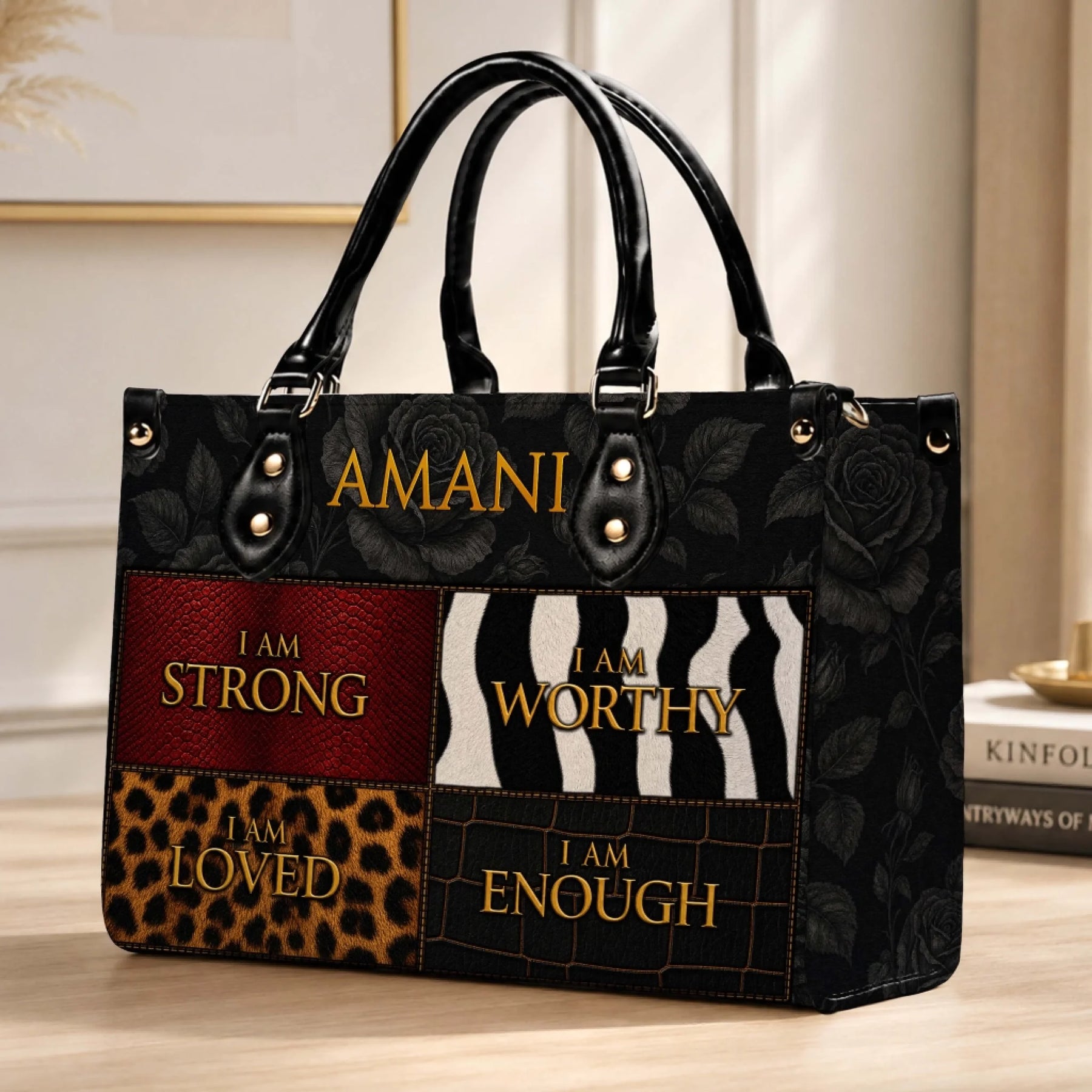 Stylish personalized Amani tote bag with motivational quotes and mixed animal print textures for a bold fashionable look.