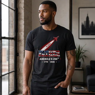Custom 250th anniversary USA independence day t-shirt for dad featuring a jet trail design and the name Clara.