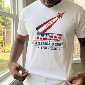 Personalized America 250th anniversary t-shirt with jet fighter design and Clara name, perfect for patriotic gifts.