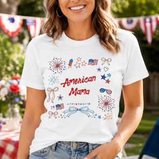Woman wearing a white t-shirt with 'American Mama' design outdoors.