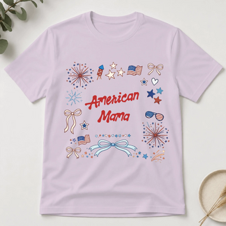 Light purple t-shirt with 'American Mama' text and patriotic graphics on a white background