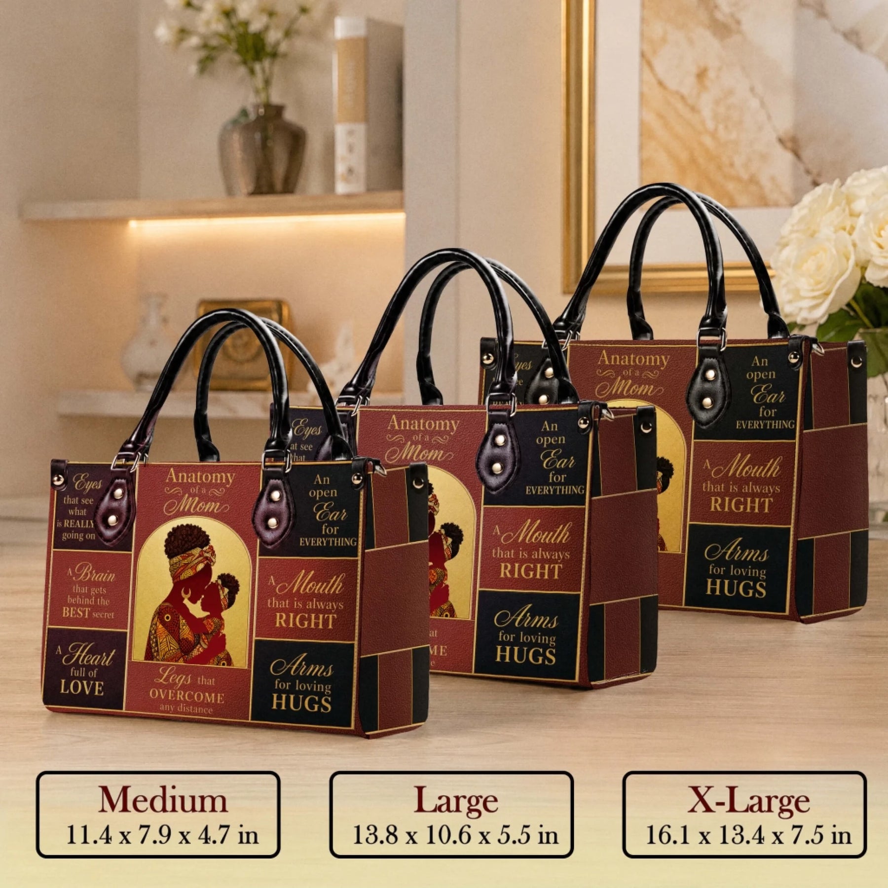 Set of three anatomy of a mom handbags in medium large and extra large sizes with product dimensions.