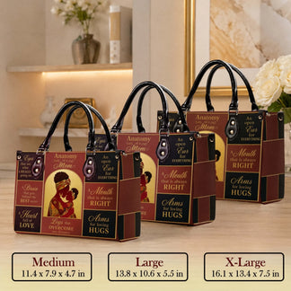Set of three anatomy of a mom handbags in medium large and extra large sizes with product dimensions.