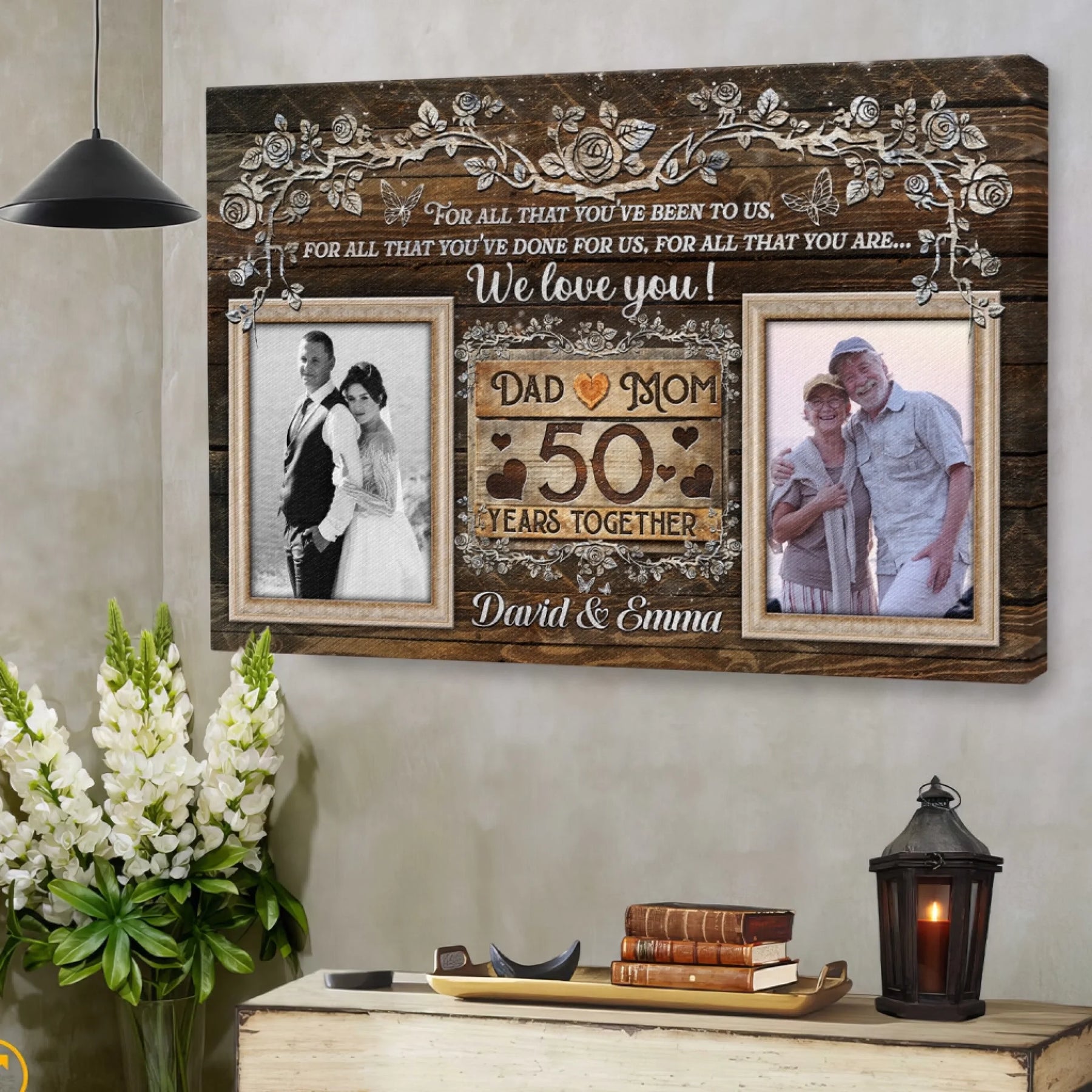 Decorative 50th anniversary canvas with custom couple photos and rustic design, perfect golden anniversary gift.