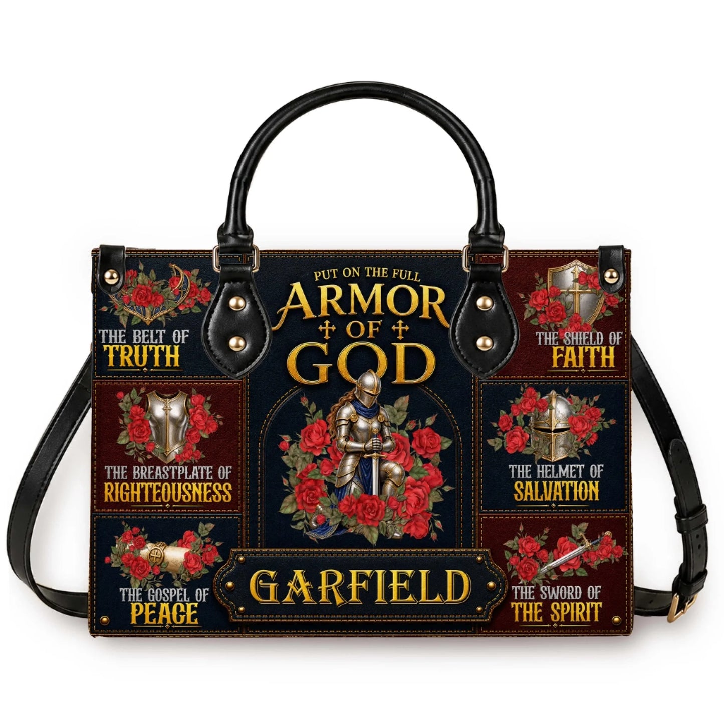 Personalized Armor of God tote bag featuring floral knight design with custom name Garfield for religious gift occasions.