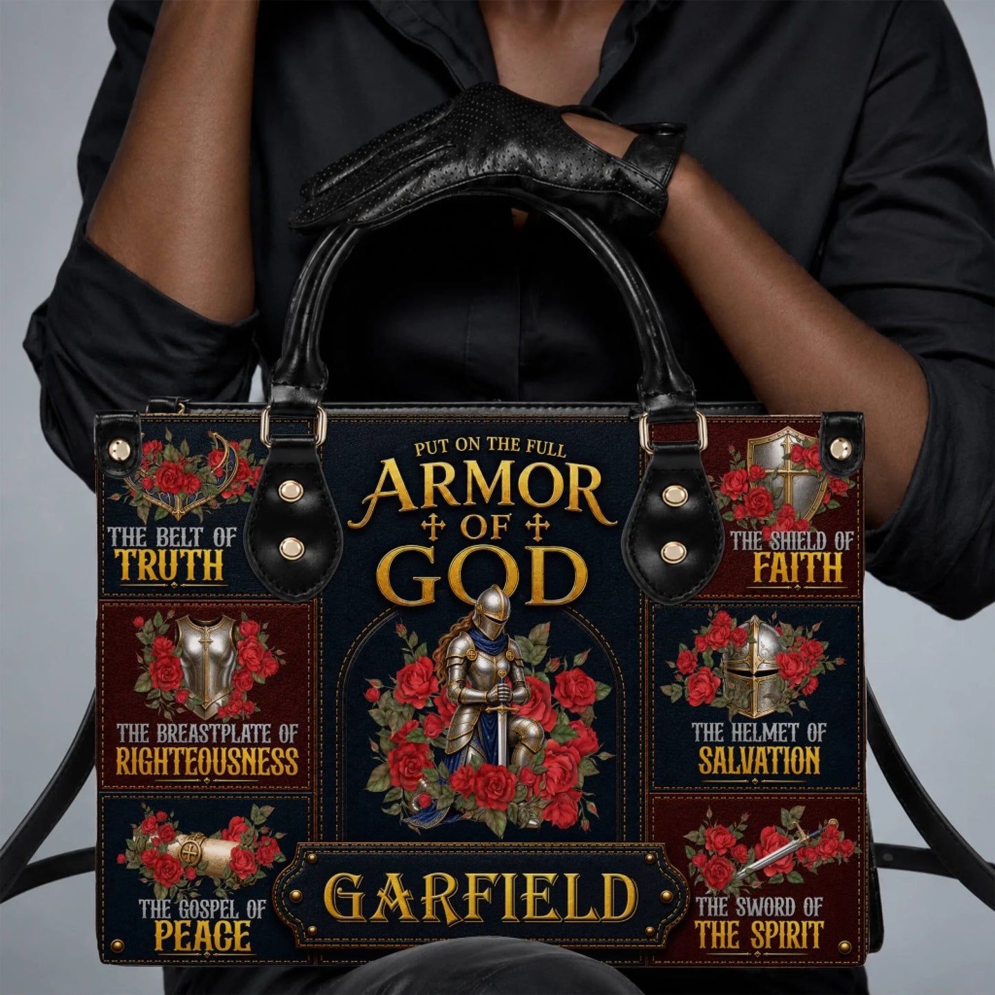 Personalized Armor of God tote bag featuring religious knight design and custom name, perfect as a thoughtful gift.