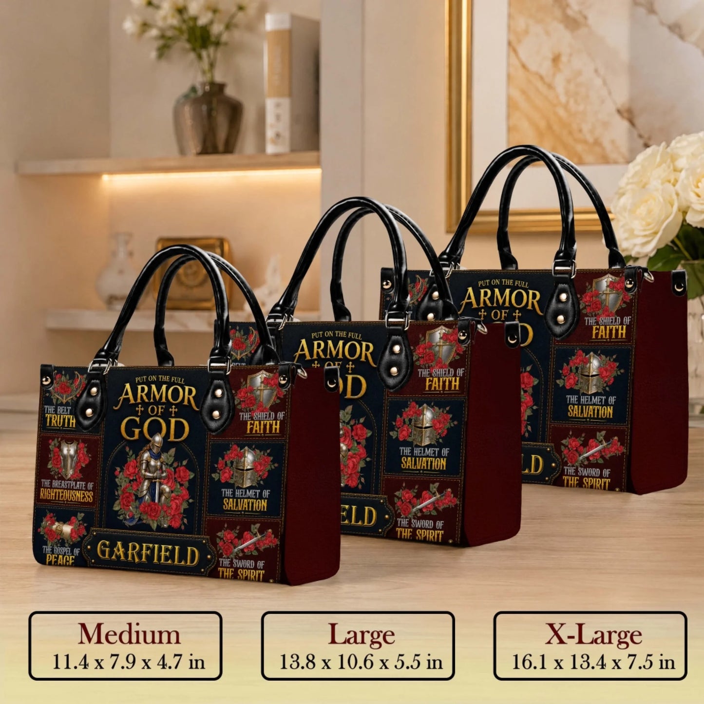 Collection of three personalized Armor of God tote bags in medium large and extra large sizes with custom name Garfield.
