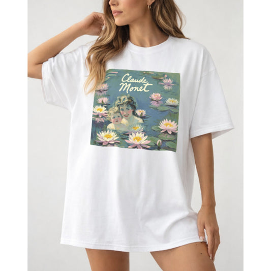 White t-shirt with a graphic of a painting by Claude Monet featuring water lilies.