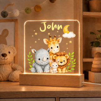 Custom name night light featuring adorable forest animals and moon decor ideal for baby nursery room lighting.