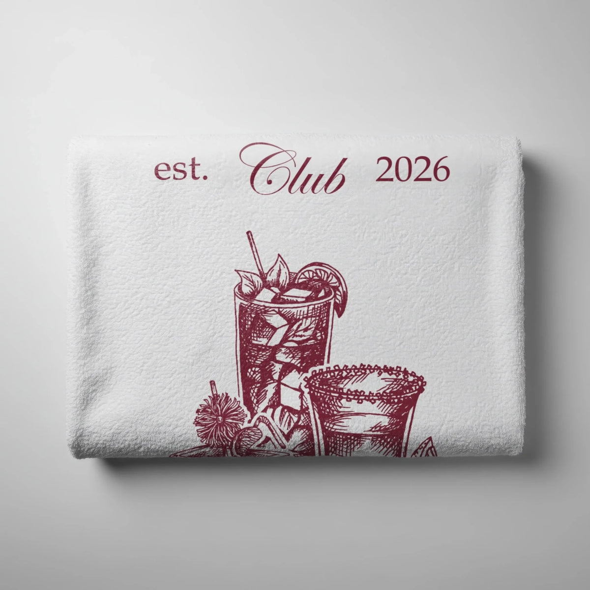 Custom bachelorette party beach towel featuring cocktail illustrations and Emma's Bachelorette Scottsdale AZ text.