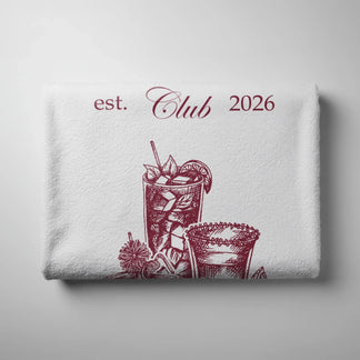 Custom bachelorette party beach towel featuring cocktail illustrations and Emma's Bachelorette Scottsdale AZ text.