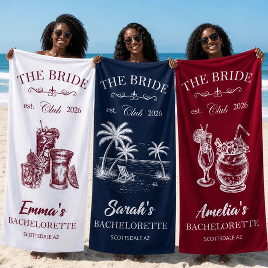 Three personalized beach towels with bachelorette themes featuring custom names and drink illustrations for brides.