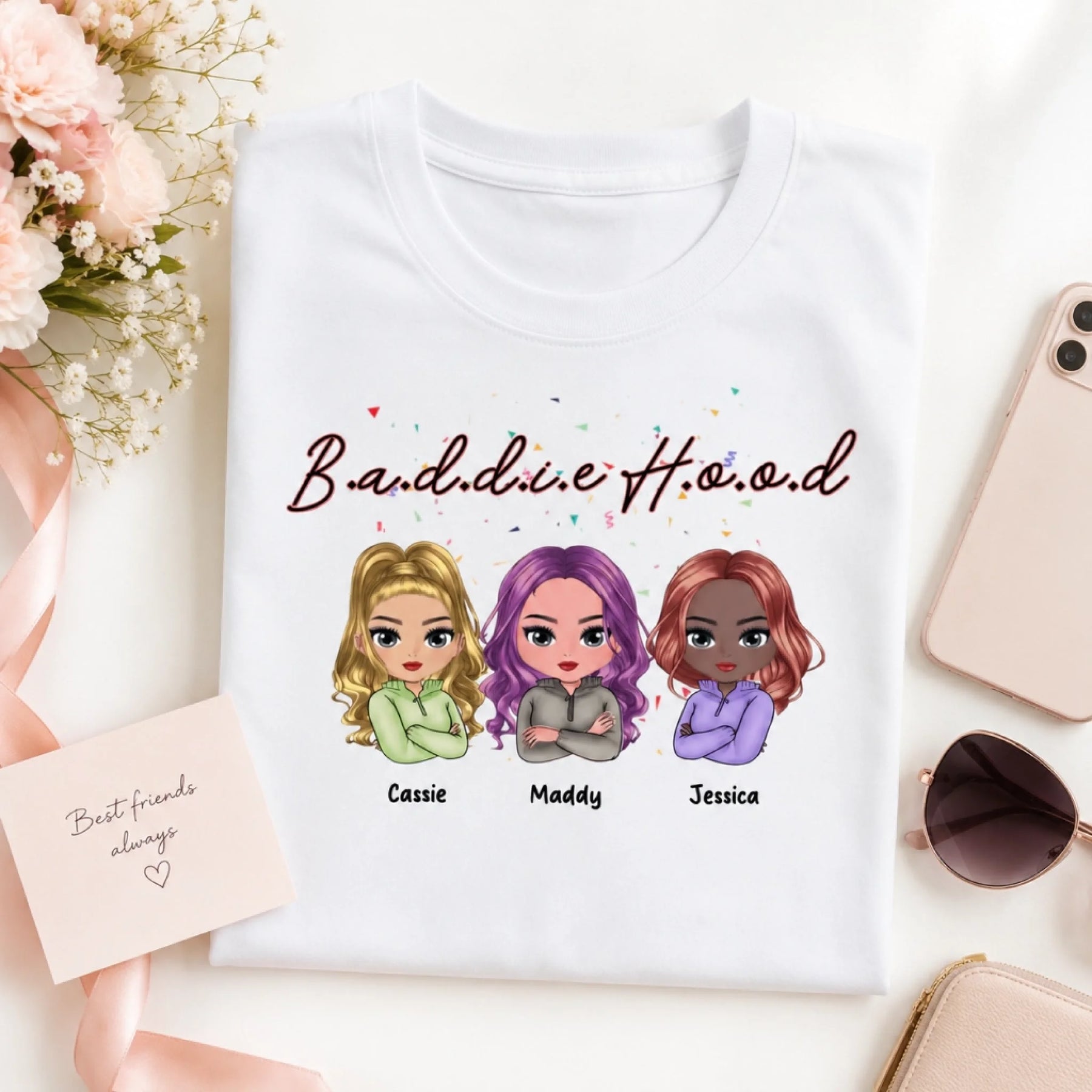 White t-shirt with cartoon characters and names on a light surface with flowers and phone.