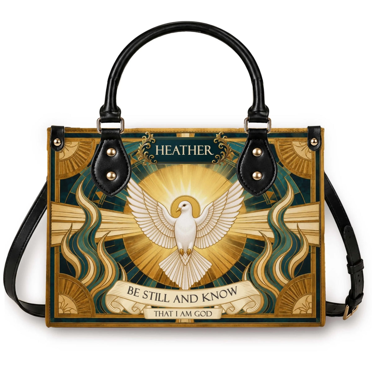 Personalized tote bag featuring a white dove, gold sunburst, and the religious quote Be Still And Know That I Am God.
