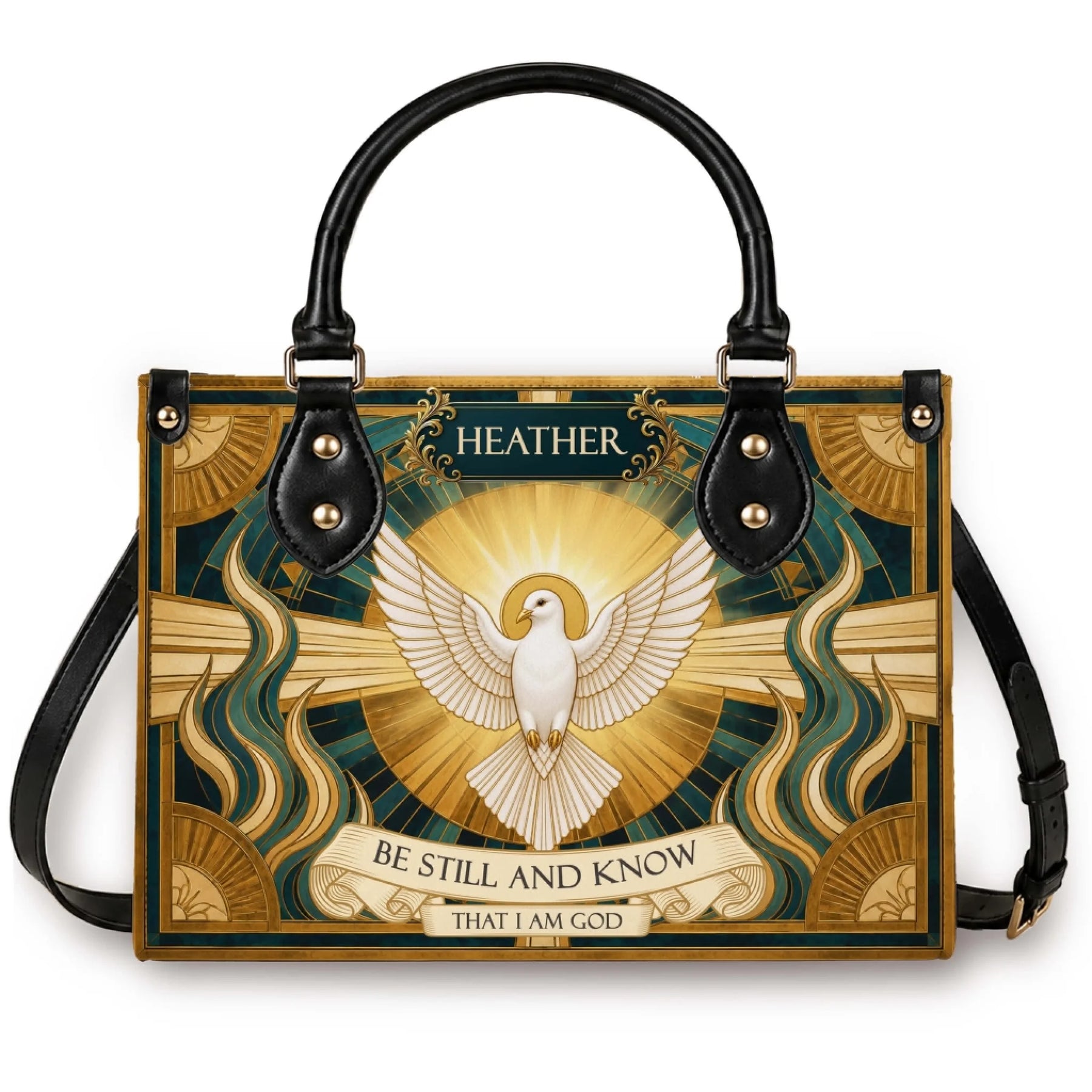Personalized tote bag featuring a white dove, gold sunburst, and the religious quote Be Still And Know That I Am God.