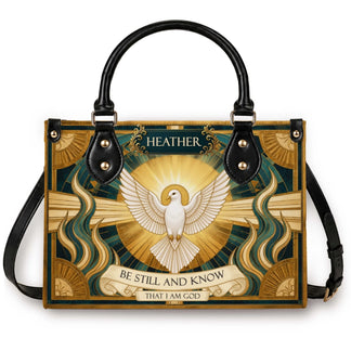 Personalized tote bag featuring a white dove, gold sunburst, and the religious quote Be Still And Know That I Am God.
