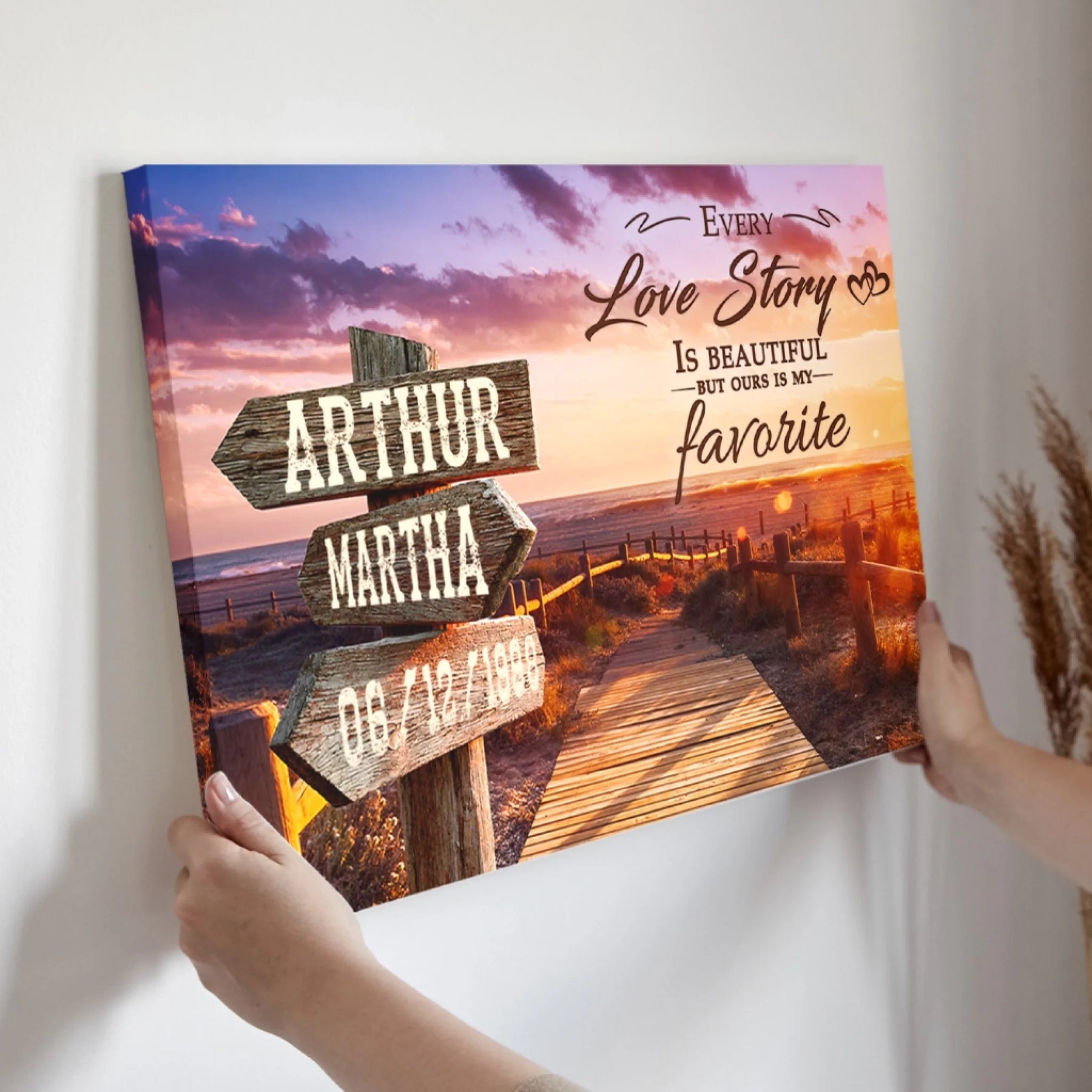 Personalized canvas print with custom names Arthur and Martha plus date for an anniversary or romantic couple gift idea.