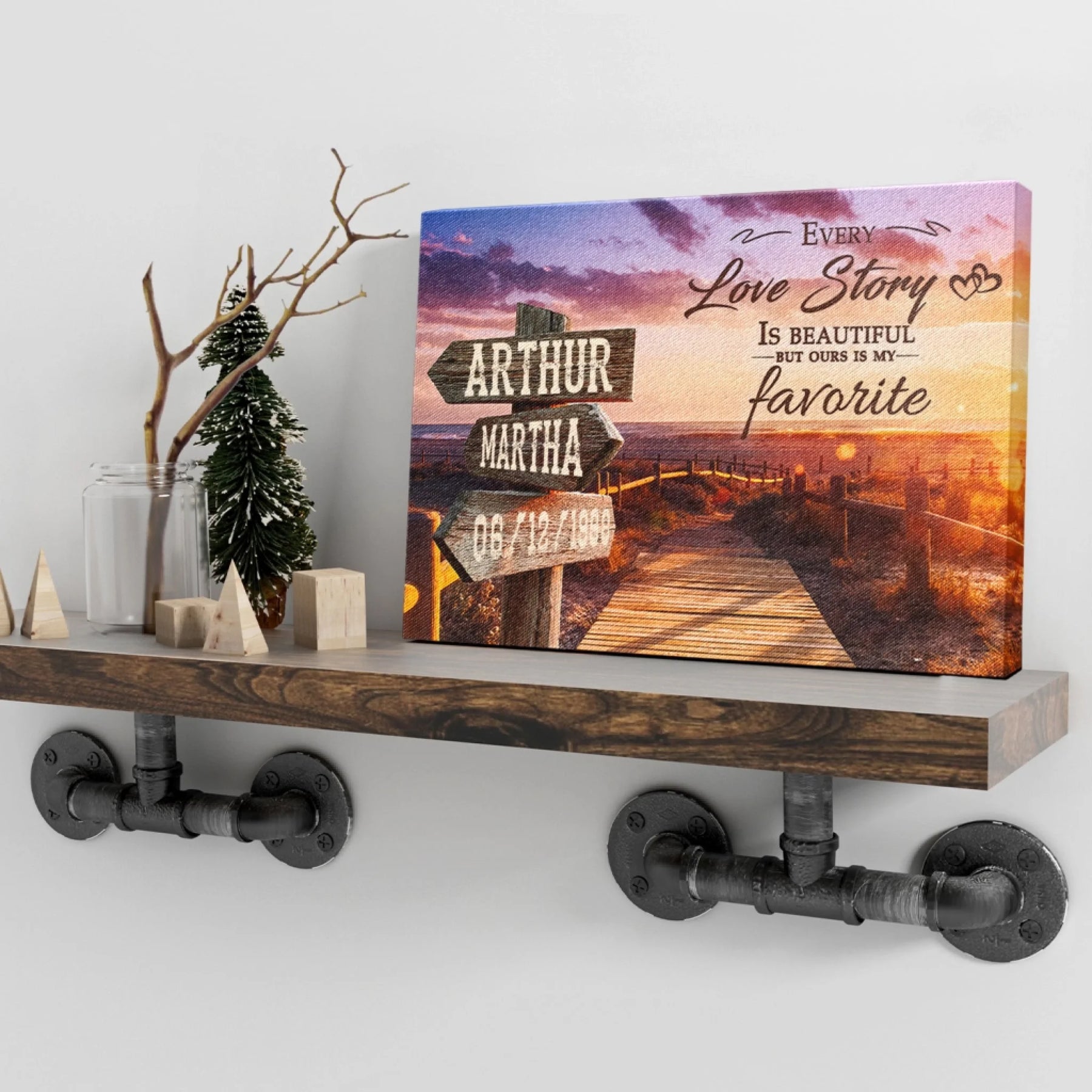 Custom romantic canvas featuring a beach sunset path and personalized wooden name and date signs, ideal for a couple's anniversary gift.