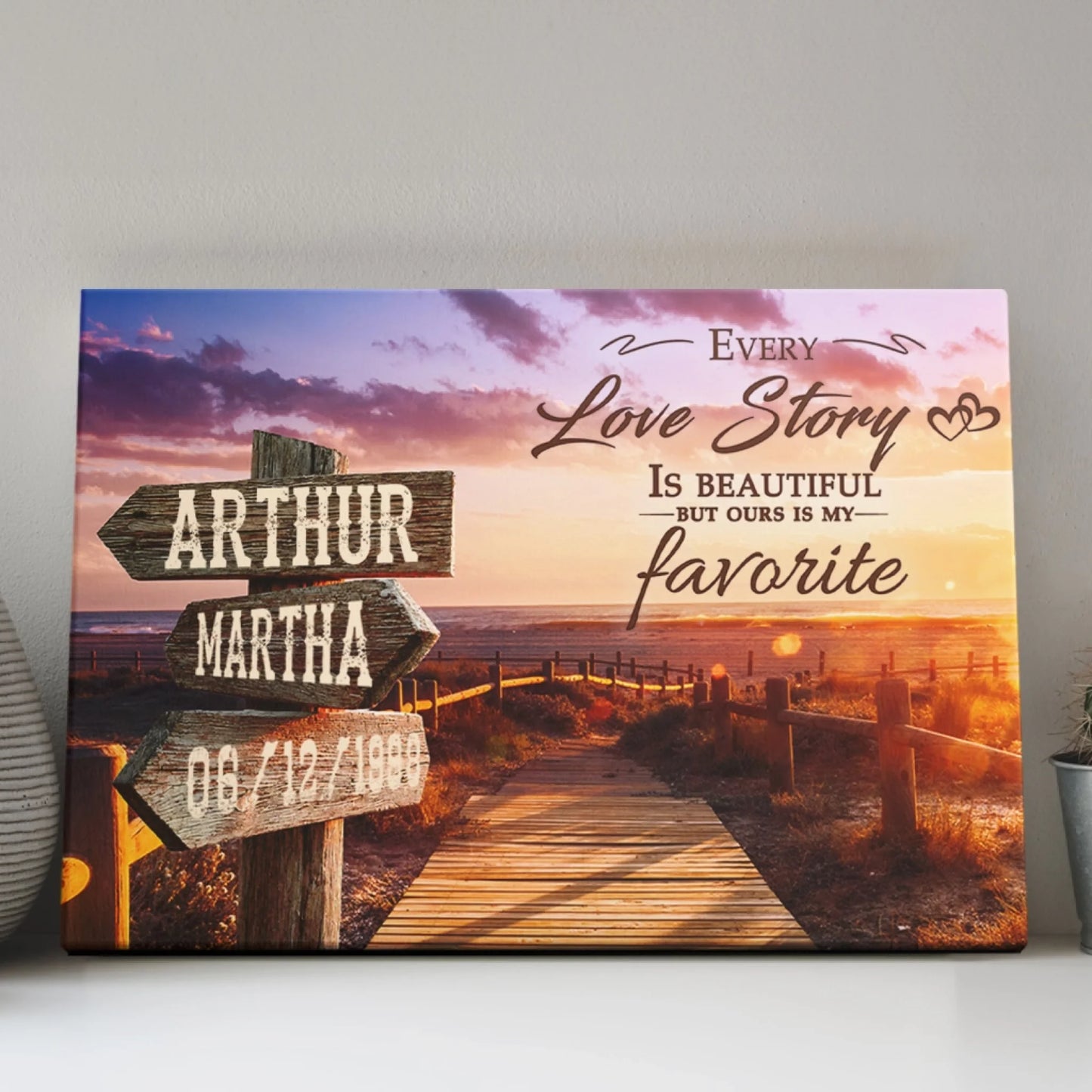 Customizable beach canvas featuring a signpost with names Arthur and Martha and a significant date as a romantic anniversary gift.