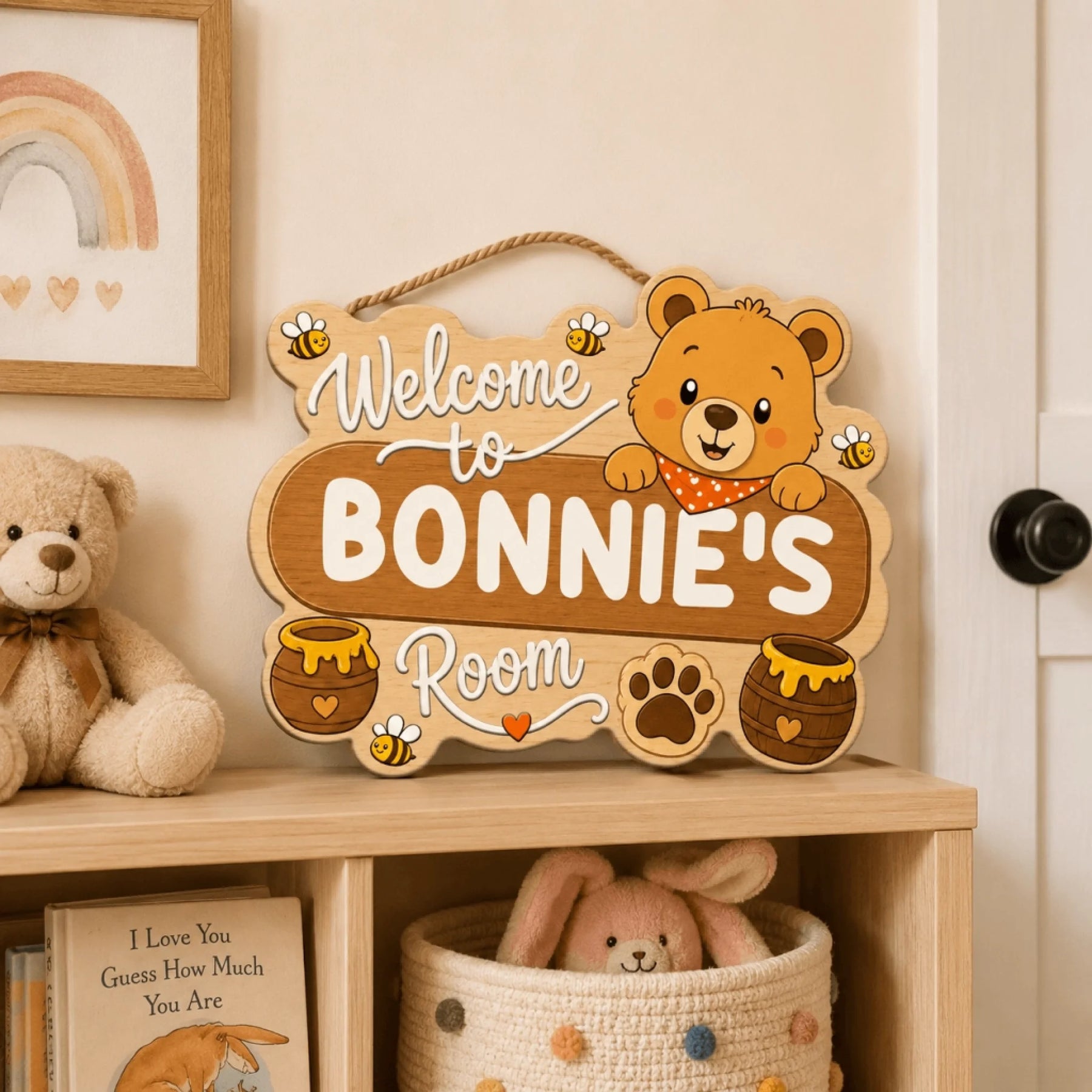 Custom wood sign for a baby bedroom featuring a bear theme with honey pots and personalized text for Bonnies room decor