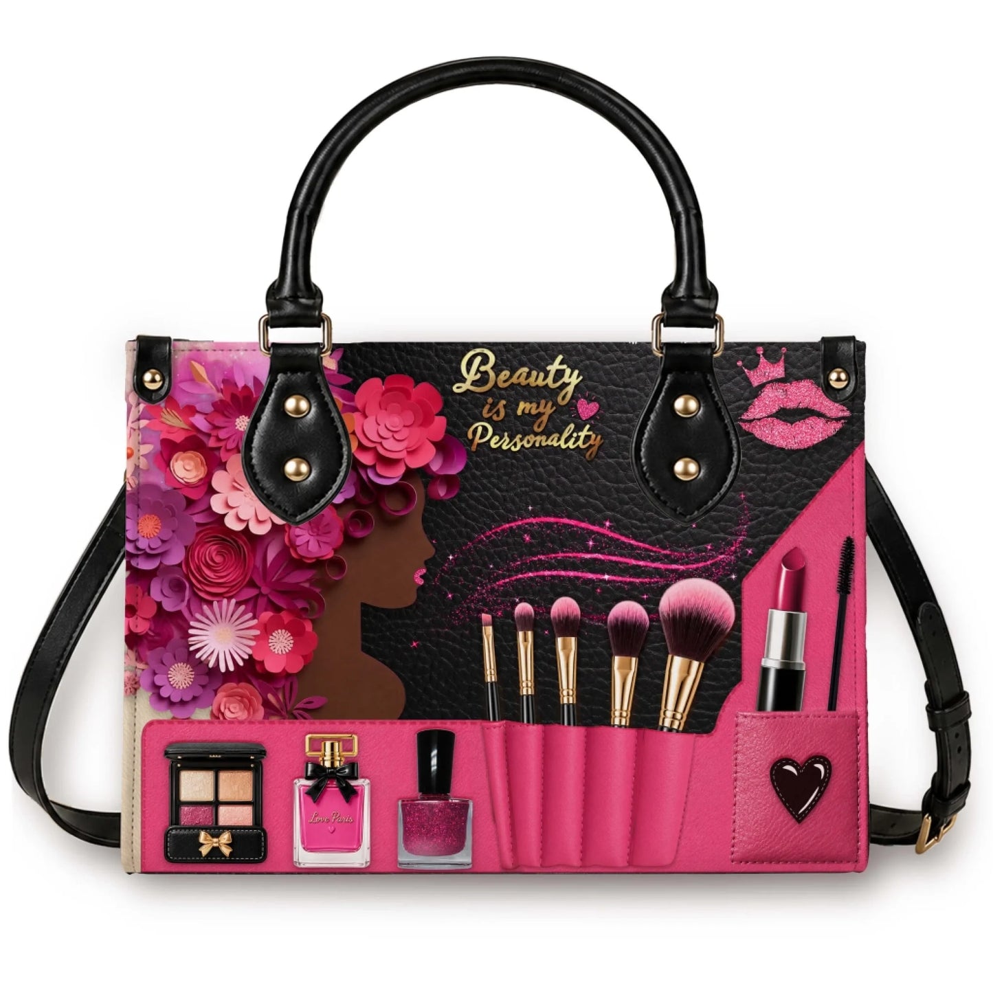 A stylish personalized handbag for makeup lovers featuring floral art, cosmetic accessories, and the quote Beauty is my Personality.