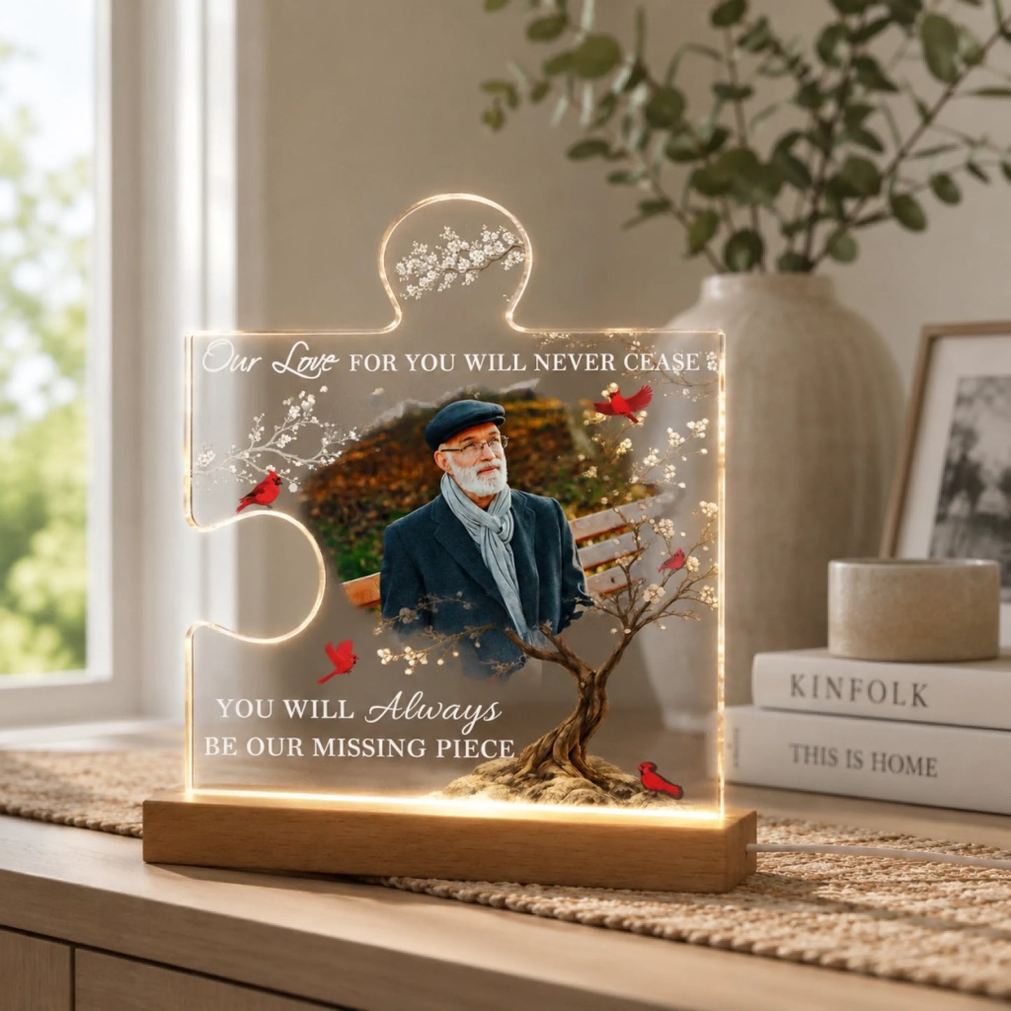 Elegant memorial acrylic puzzle piece lamp on a wooden base, a thoughtful sympathy gift with a custom photo print.