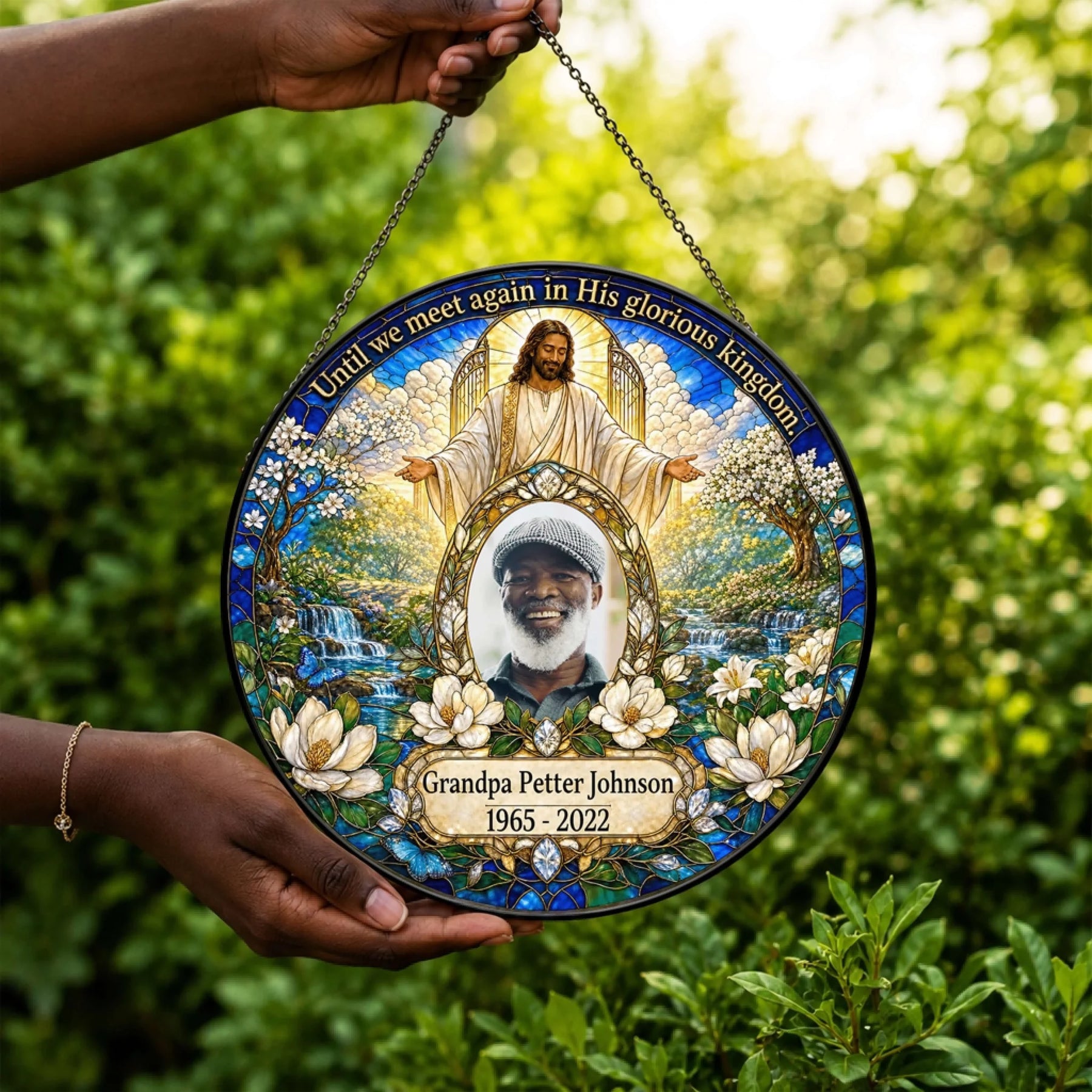 Personalized memorial suncatcher with custom photo and dates, designed as a beautiful sympathy gift for a loved one.