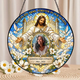Custom sympathy suncatcher displaying Jesus and a personalized photo of a grandma as a touching memorial gift