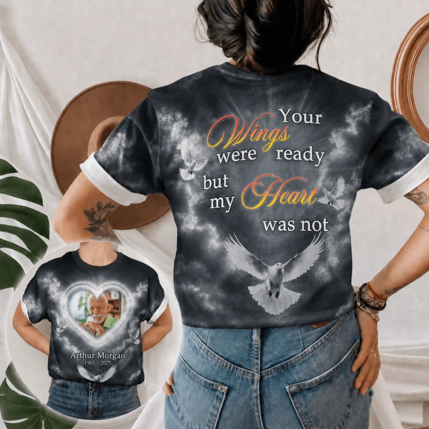 Personalized bereavement t-shirt featuring a custom photo, memorial quote, and dove imagery on dark clouds.