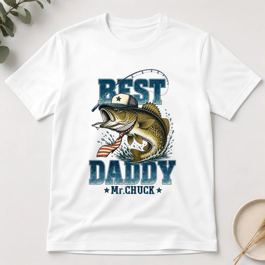 White t-shirt with fishing graphic and text on a light background