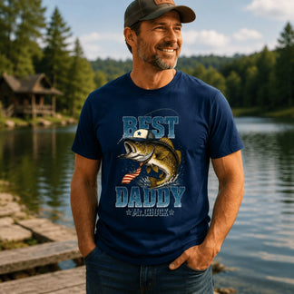 Man wearing a navy blue t-shirt with a fishing graphic and text by a lake.