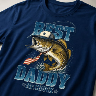Close up of a navy t-shirt featuring a stylized fish in a hat and tie with Best Daddy Mr Chuck fishing themed design.