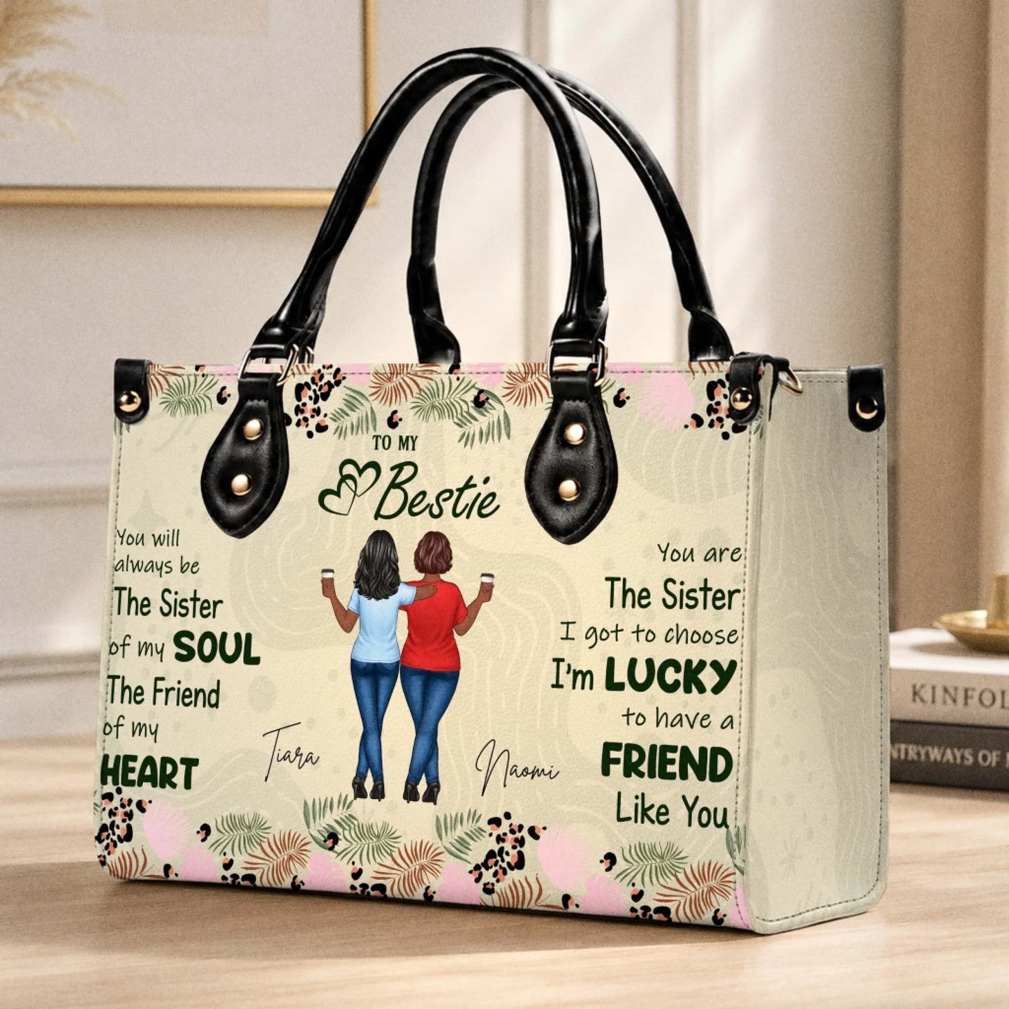 Personalized best friend handbag featuring custom names and a heartfelt sister soul quote for a meaningful friendship gift.