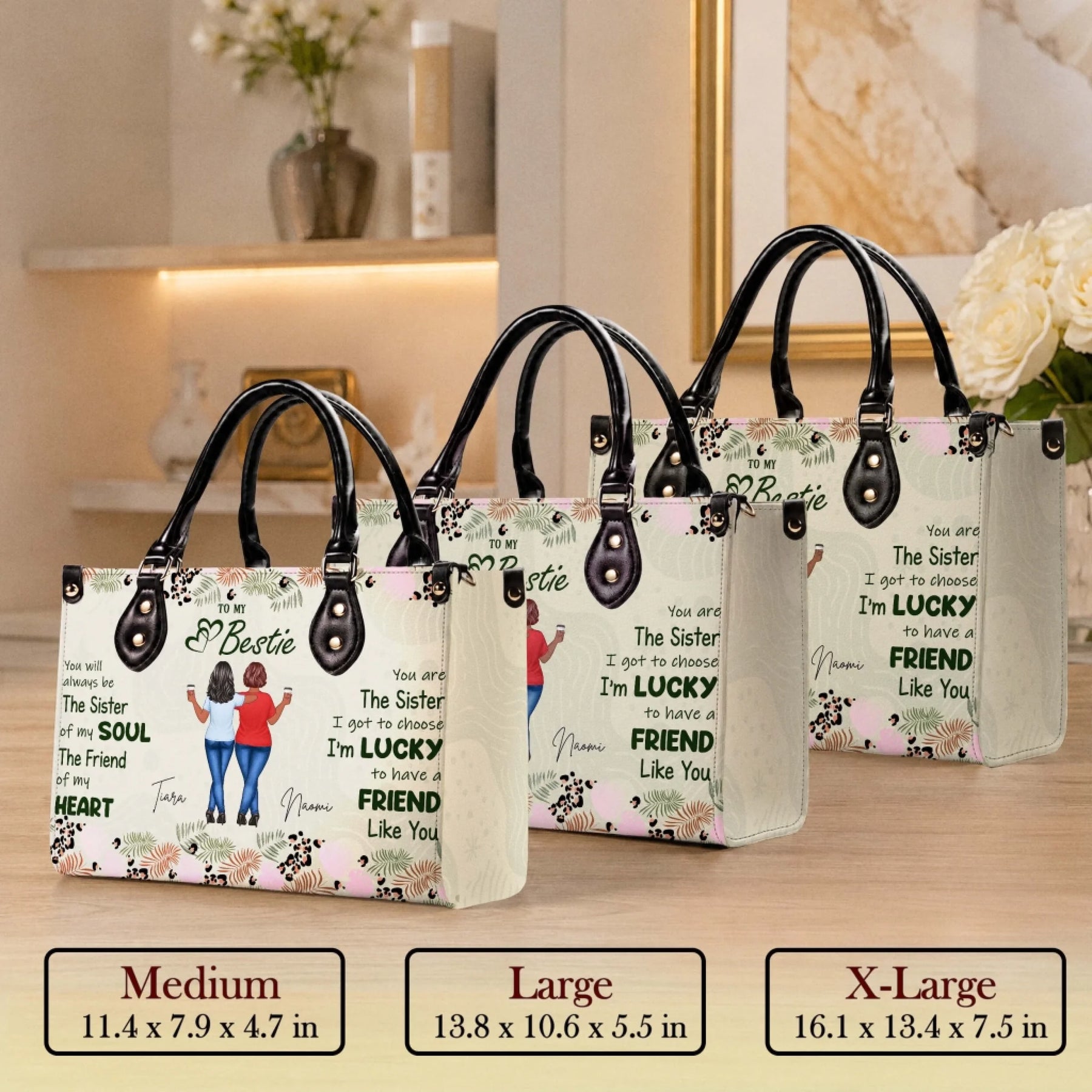 Three sizes of a personalized best friend handbag in medium, large, and extra large to fit various needs and gift occasions.