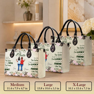 Three sizes of a personalized best friend handbag in medium, large, and extra large to fit various needs and gift occasions.