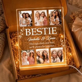 Custom LED acrylic photo plaque for best friends presented in a gift box with aesthetic straw filling and warm lights.