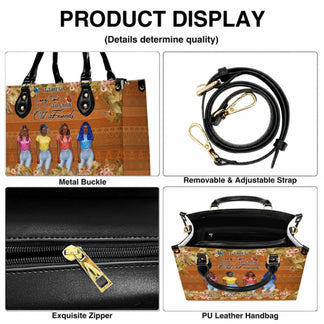 Product features of a custom best friend PU leather handbag including adjustable shoulder strap metal buckles and zipper closure.
