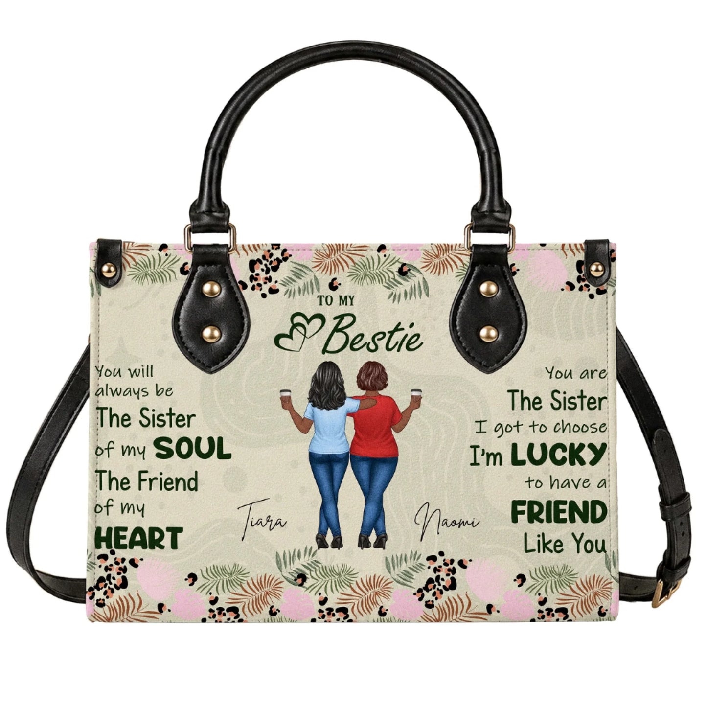 Personalized handbag featuring an illustration of two friends and custom names, perfect as a thoughtful best friend gift.