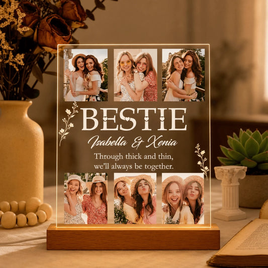 Custom best friend LED acrylic plaque featuring six photos and personalized names Isabella and Xenia with quote.