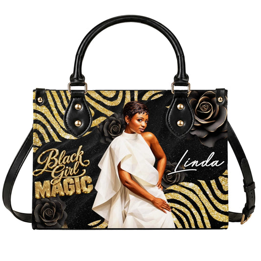 Personalized Black Girl Magic handbag featuring a custom name Linda, elegant gold zebra print, and black rose design.