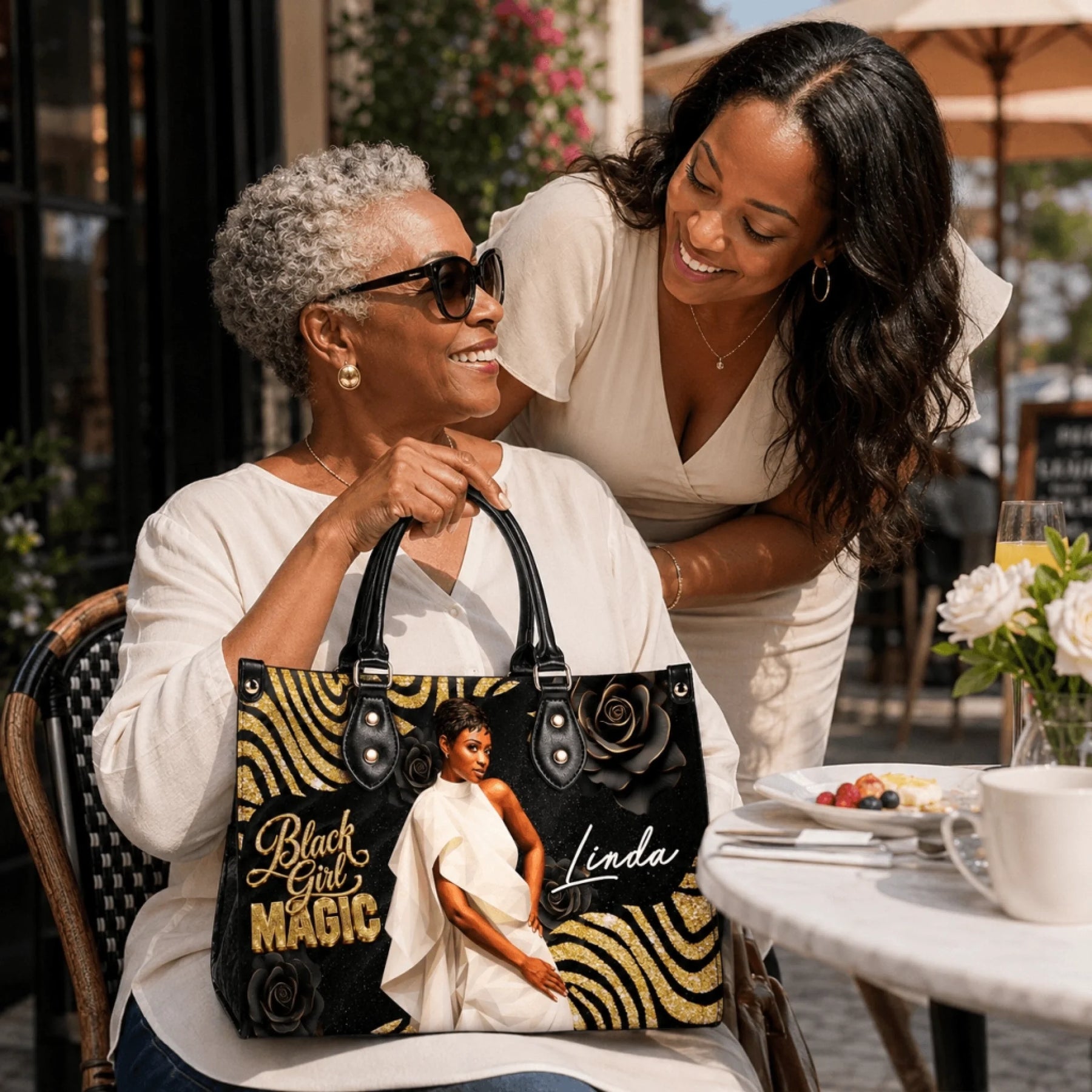 Custom Linda Black Girl Magic handbag with beautiful woman graphic, a perfect personalized gift for her birthday.