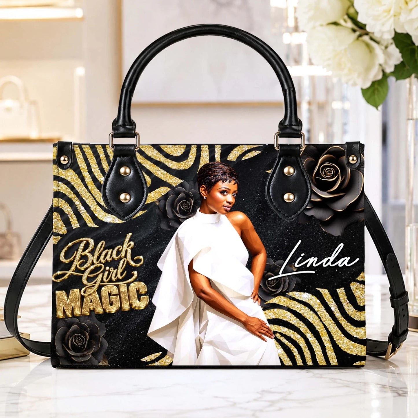 Premium personalized Black Girl Magic tote bag featuring a custom Linda name tag and chic black rose design.