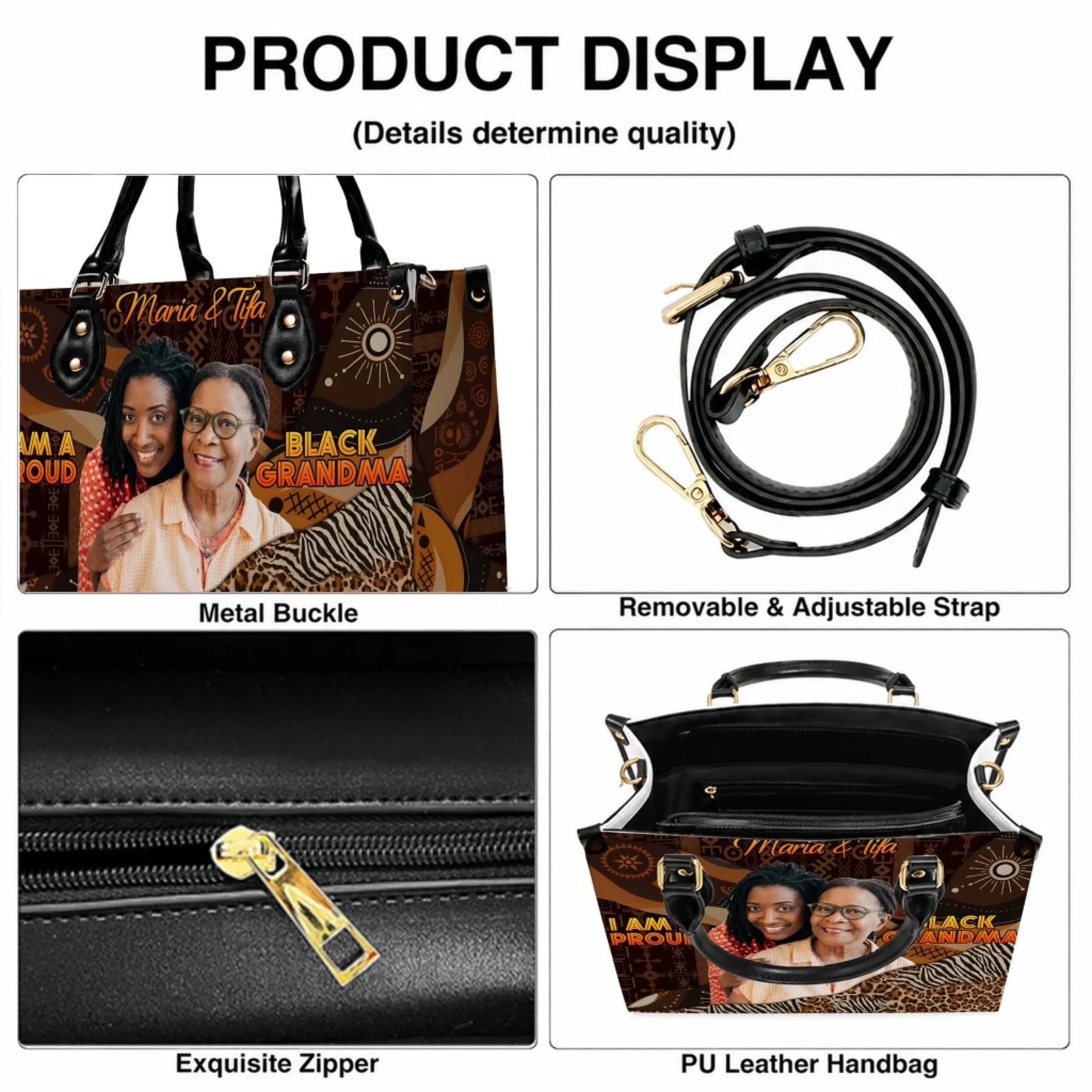 Product display of a personalized black grandma PU leather handbag showing the zipper, adjustable strap, and design.