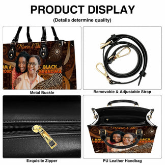 Product display of a personalized black grandma PU leather handbag showing the zipper, adjustable strap, and design.