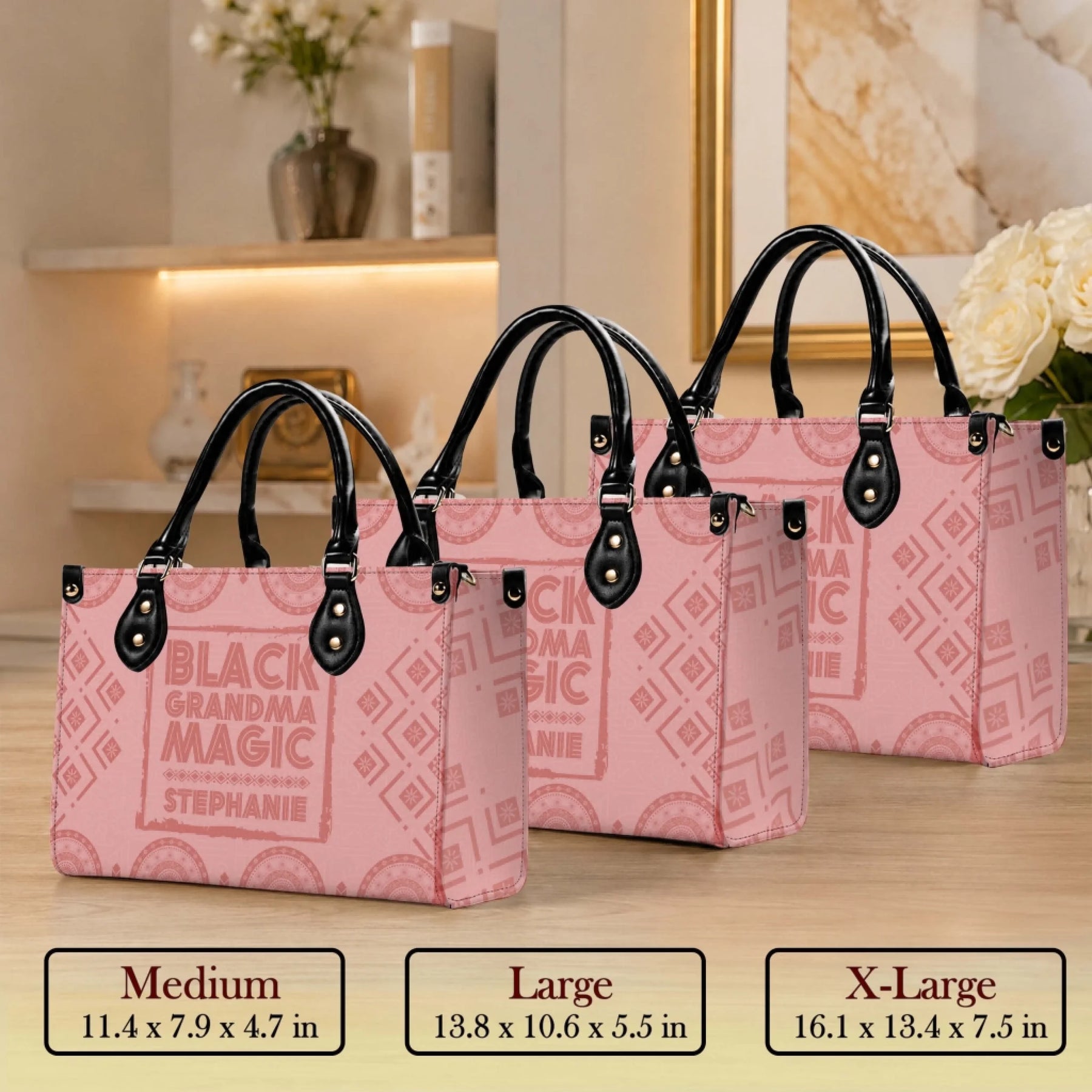 Medium large and extra large personalized pink tote bags with Black Grandma Magic Stephanie custom text design