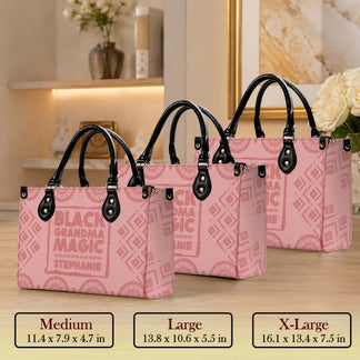 Medium large and extra large personalized pink tote bags with Black Grandma Magic Stephanie custom text design
